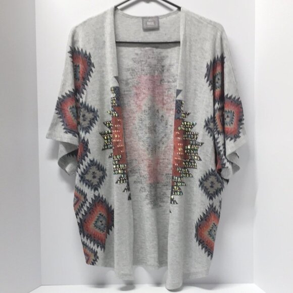 Vocal Embellished Aztec Bohemian Open Front Grey Cardigan - Picture 1 of 9